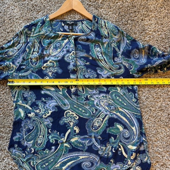 Nine West XL Top Navy/Yellow Paisley Round Neck 3/4 Sleeve Partial Button Front - Picture 9 of 16